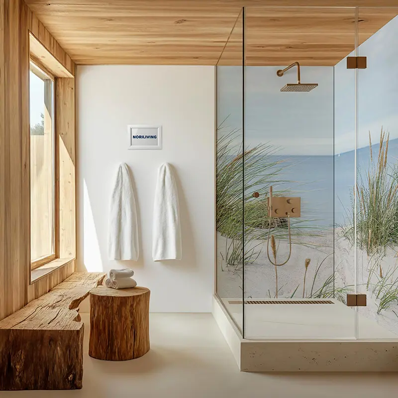 Modernes Badezimmer mit Glasduschkabine und Holzdekor