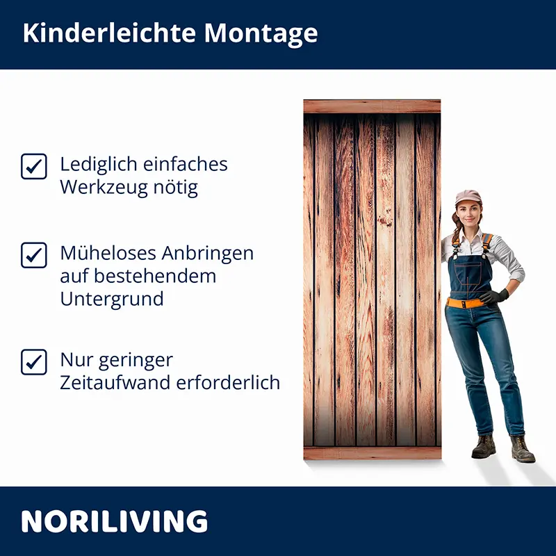 Holzpaneel mit Frau und Montagehinweisen