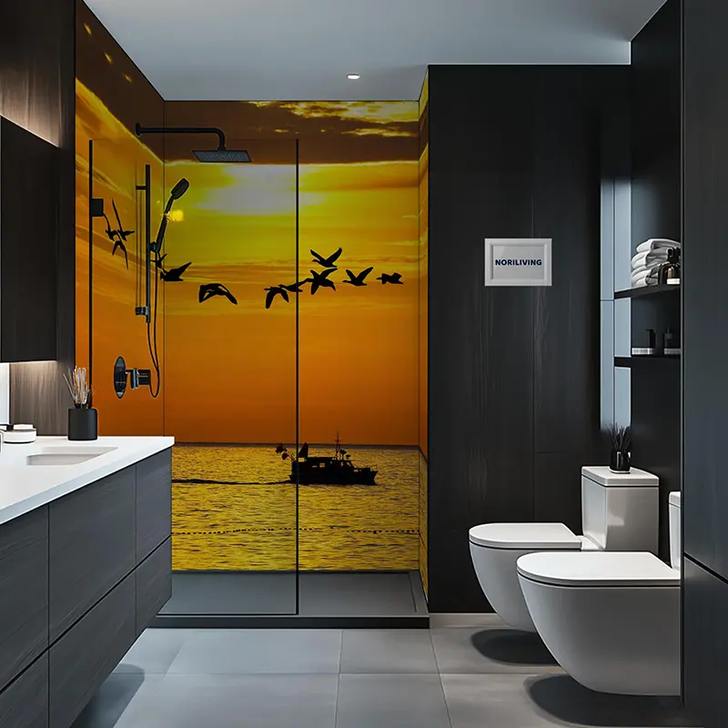 Glasdusche mit Sonnenuntergang und Boot