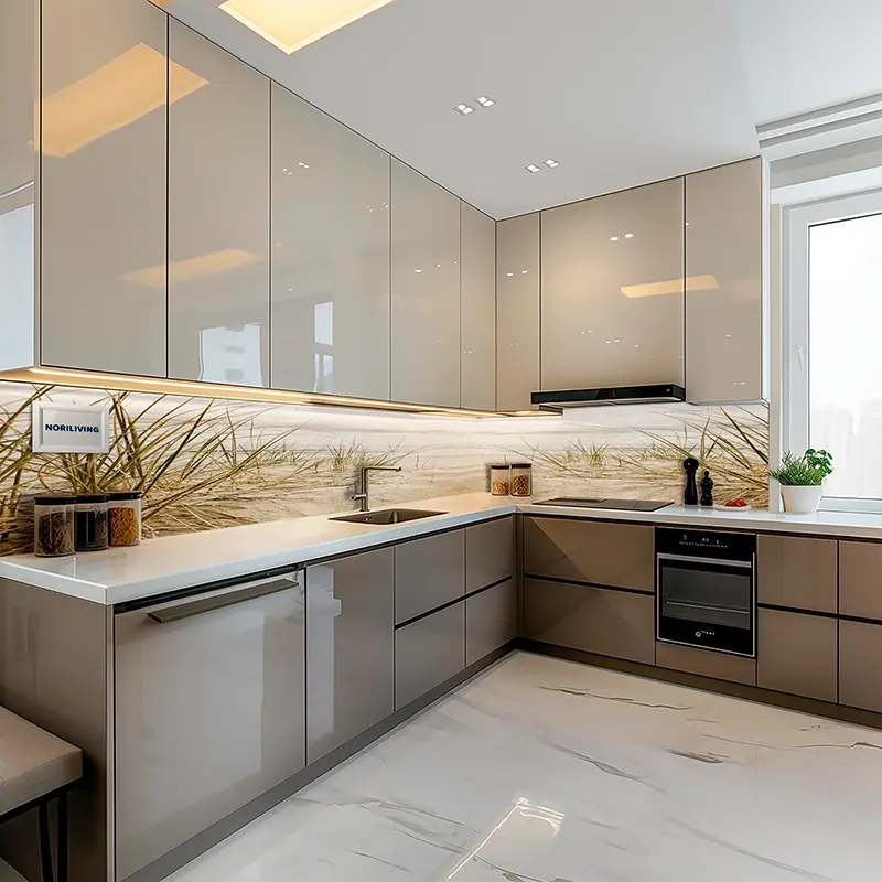 Beige L-förmige Küche mit Marmorboden und Fenster