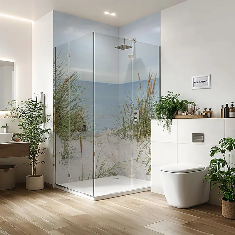 Eckdusche aus Glas mit Strandbild und Regenbrause