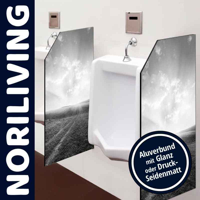 Urinale mit stilvollen Trennwänden aus Aluverbund mit Hochglanz- oder Seidenmatt-Finish von NORILIVING