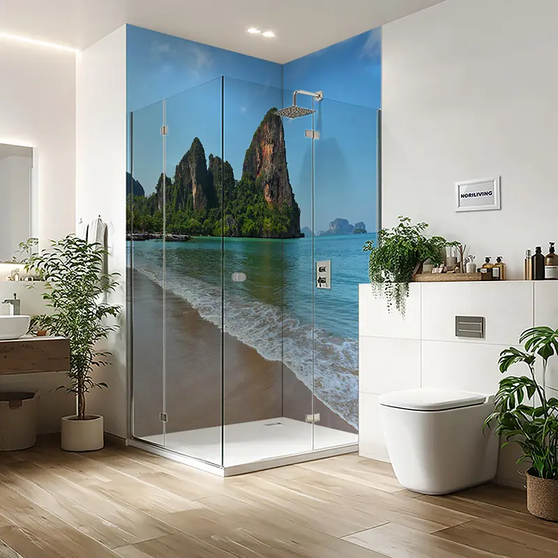 Moderne Glasdusche mit tropischem Strand-Wandbild