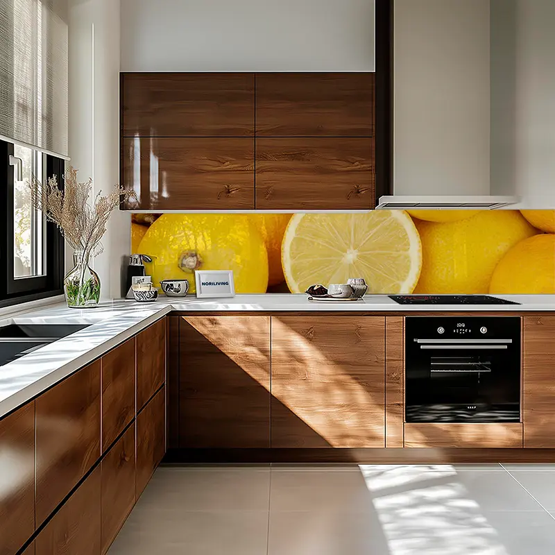 Einbauküche mit Holzschränken und Zitronen-Rückwand