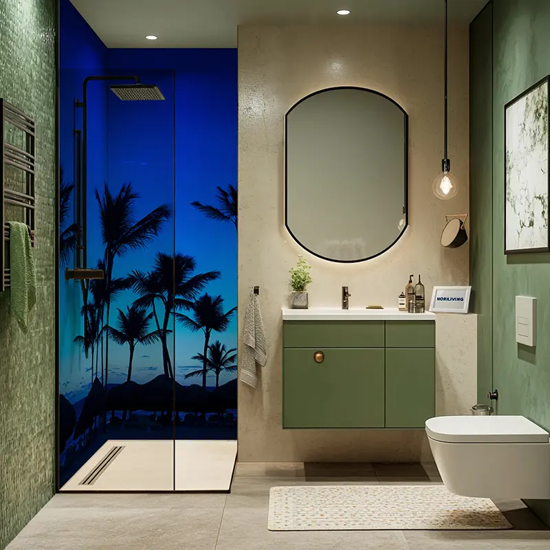 Grüner Waschtisch, Spiegel und Strand-Duschmotiv