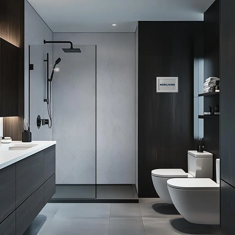 Elegantes schwarzes Bad mit Glasdusche und Wand-WC