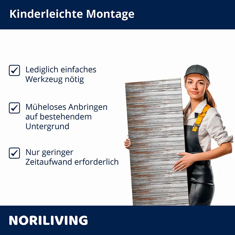 Frau mit Holzpaneel zeigt einfache Montage