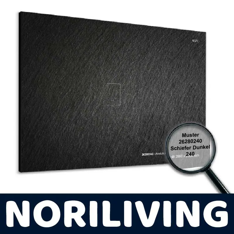 Nahansicht einer Noriliving Musterplatte in Schiefer Dunkel mit der Bezeichnung 26280240 und den Maßen 2860 x 240mm.
